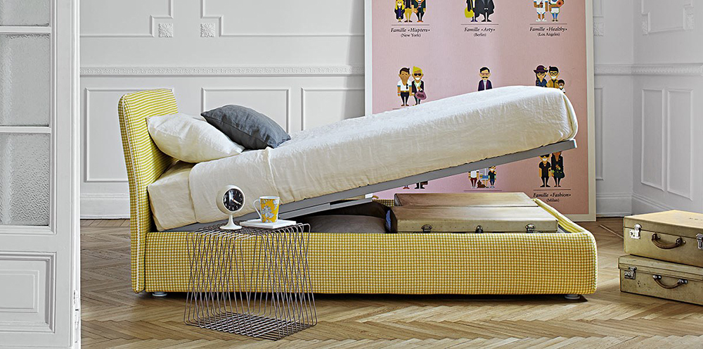 BONALDO letto contenitore singolo TONIGHT OPEN con rete 90x200 cm (Pied de  poule giallo M96 Cat. Must - Tessuto) 